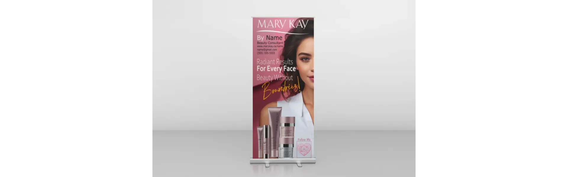 Mary Kay beauty consultant roll-up banner featuring skincare and cosmetic product