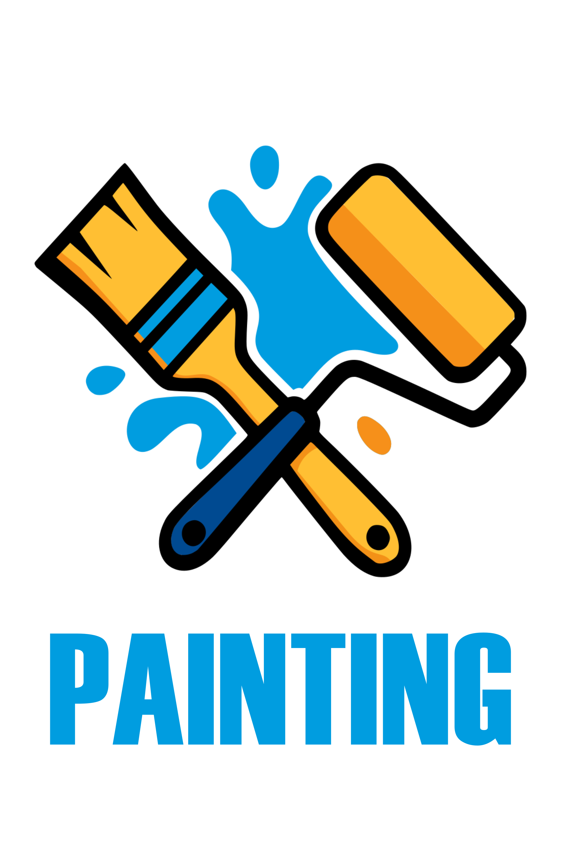 Brush and roller crossed over blue paint splash with text ‘Painting'