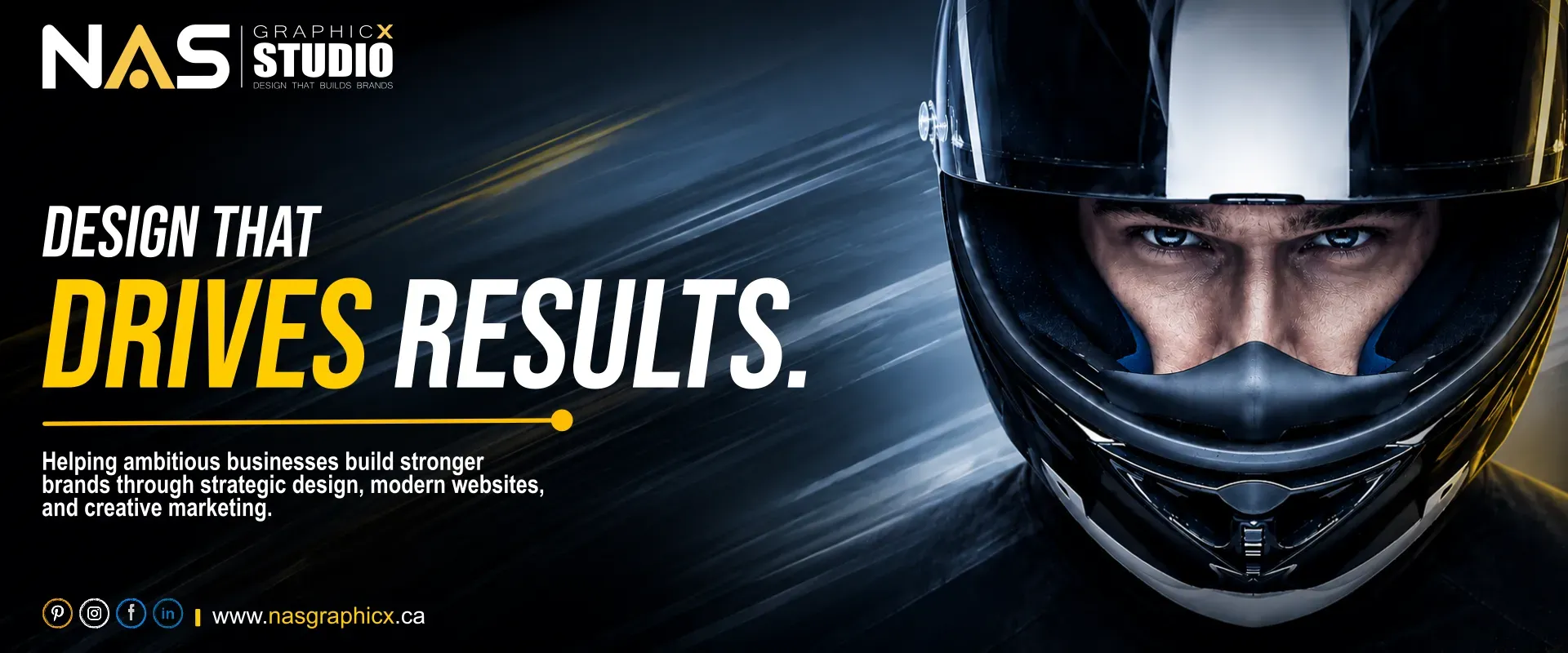 Motorsport-inspired transition banner introducing the NAS GraphicX Studio design process with the message