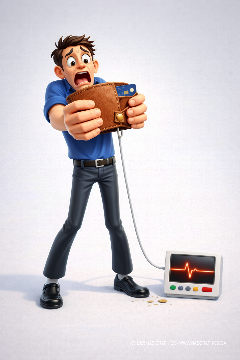 Cartoon man holding wallet connected to heart monitor, showing budget stress.