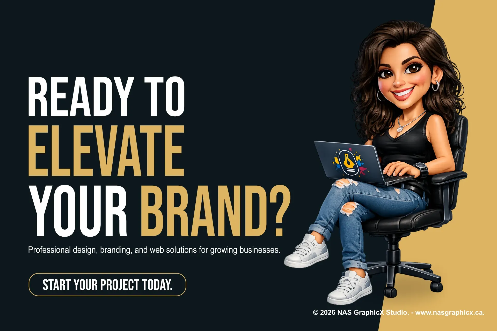Contact hero banner with designer at laptop and “Ready to Elevate Your Brand?”