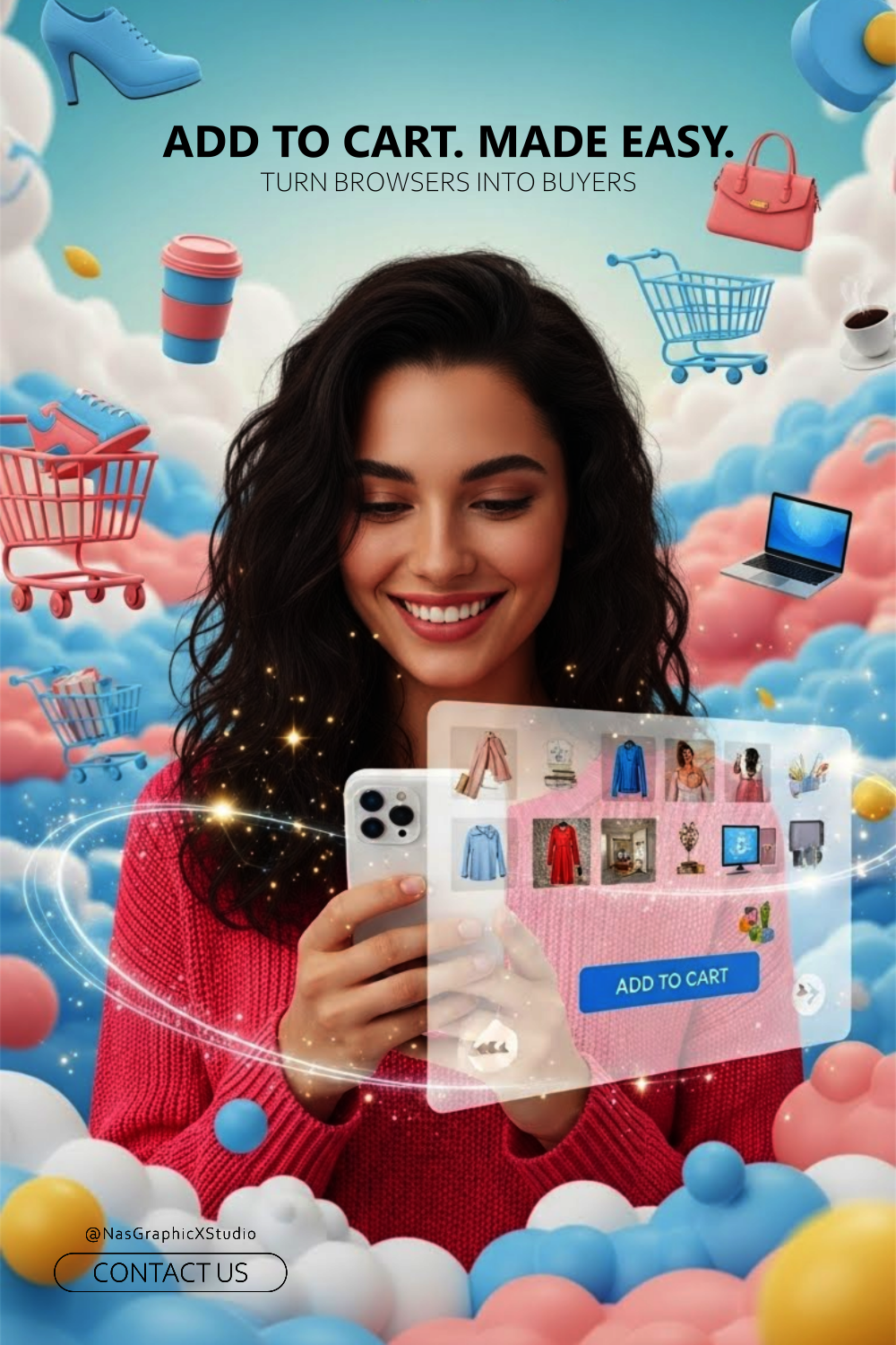 Woman shopping on phone with floating products and add-to-cart interface.