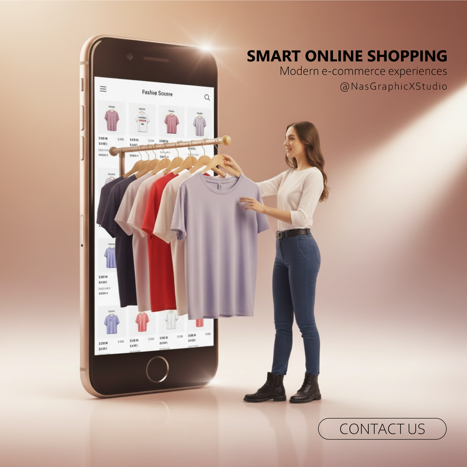 Phone showing clothing store with real clothing rack extending from screen.