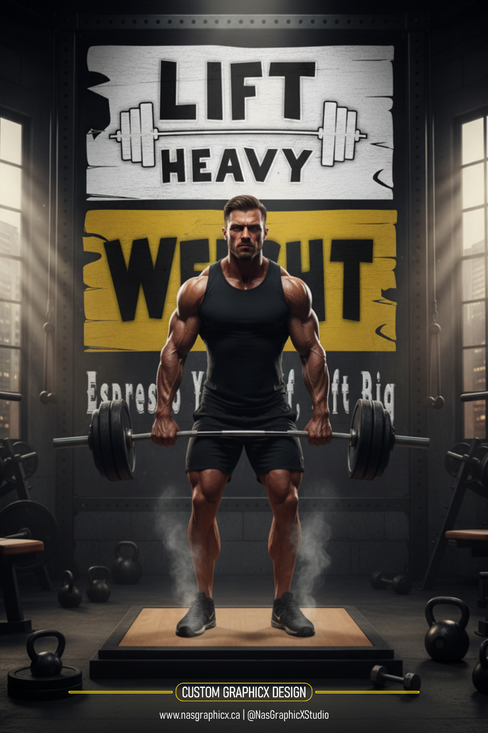 Muscular athlete lifting heavy weights in a gym setting with bold motivational fitness poster design.