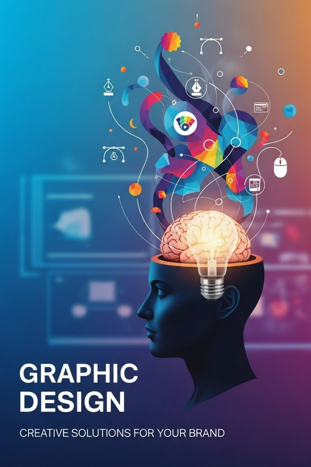 Creative branding poster with head silhouette, glowing brain, and abstract design elements.