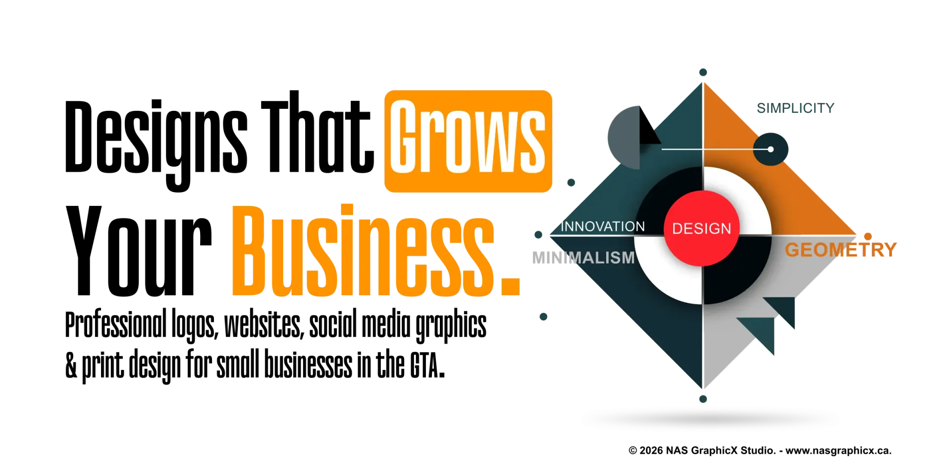 Grows Business hero with geometric design target and shapes.