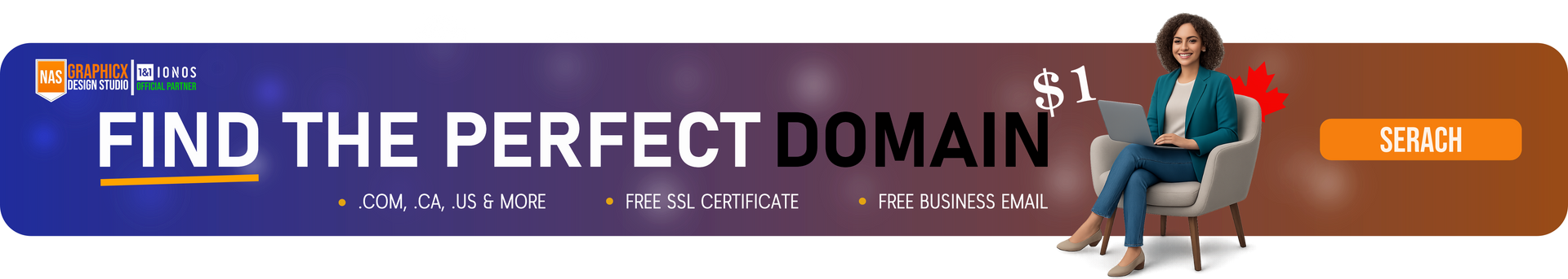 NAS GraphicX and IONOS domain banner reading “Find the Perfect Domain” with $1 offer, features list, and orange search CTA.