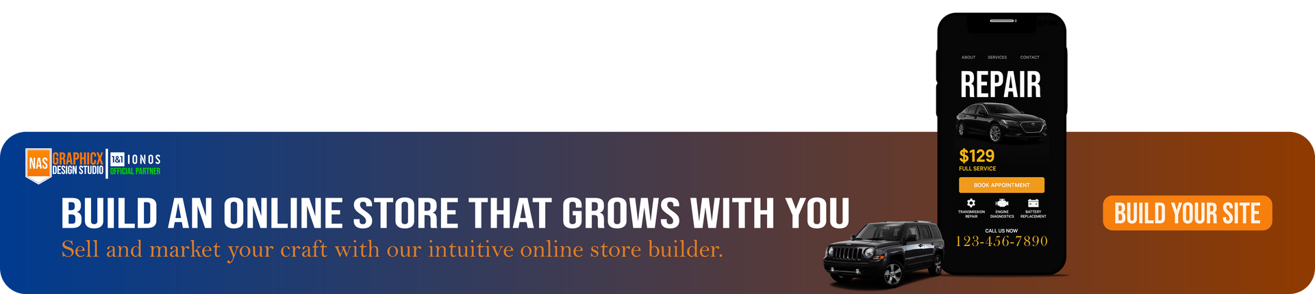 NAS GraphicX + IONOS banner for online store builder with “Build Your Site” CTA and website mockup.
