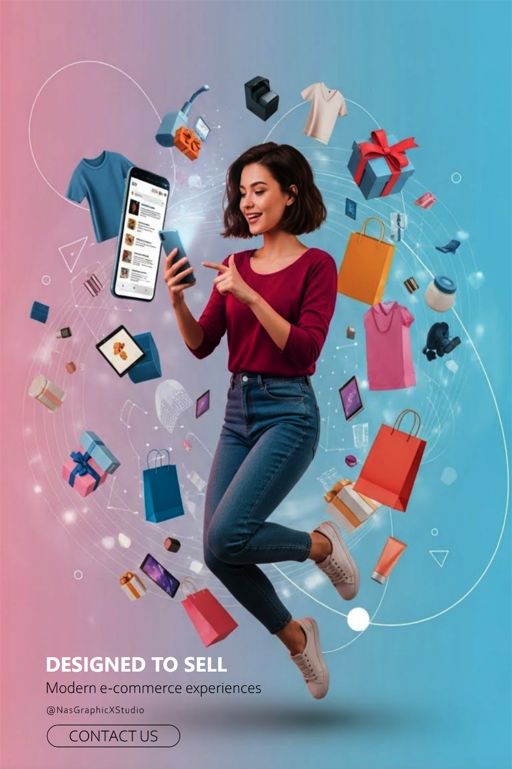 E-commerce poster of woman shopping on phone with floating products.