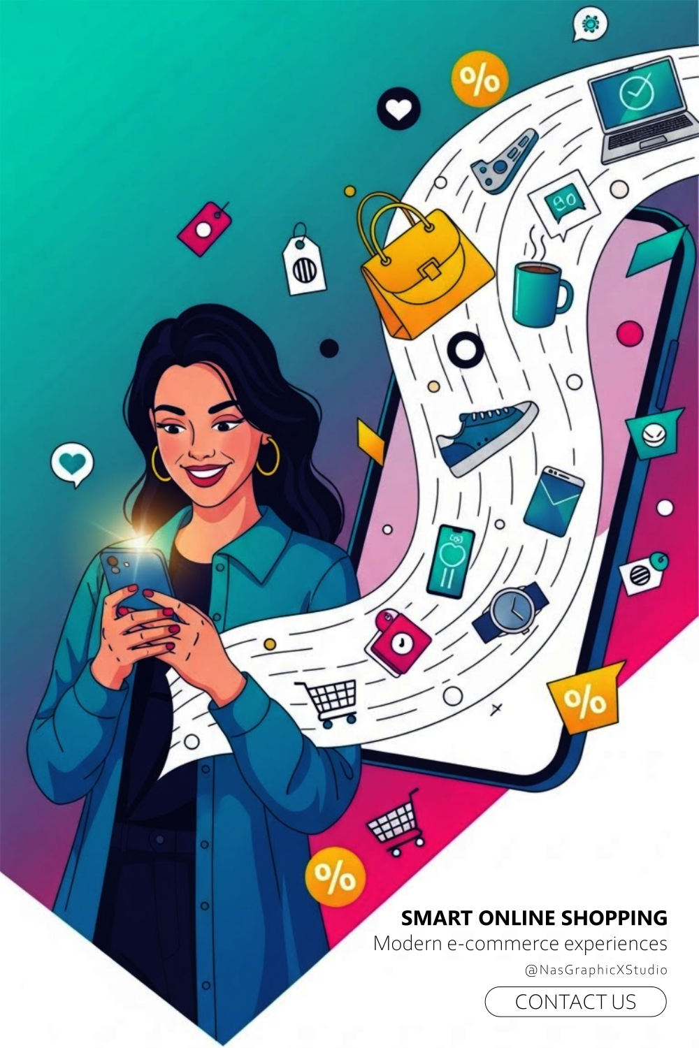 Mobile shopping user experience illustration with digital product interactions