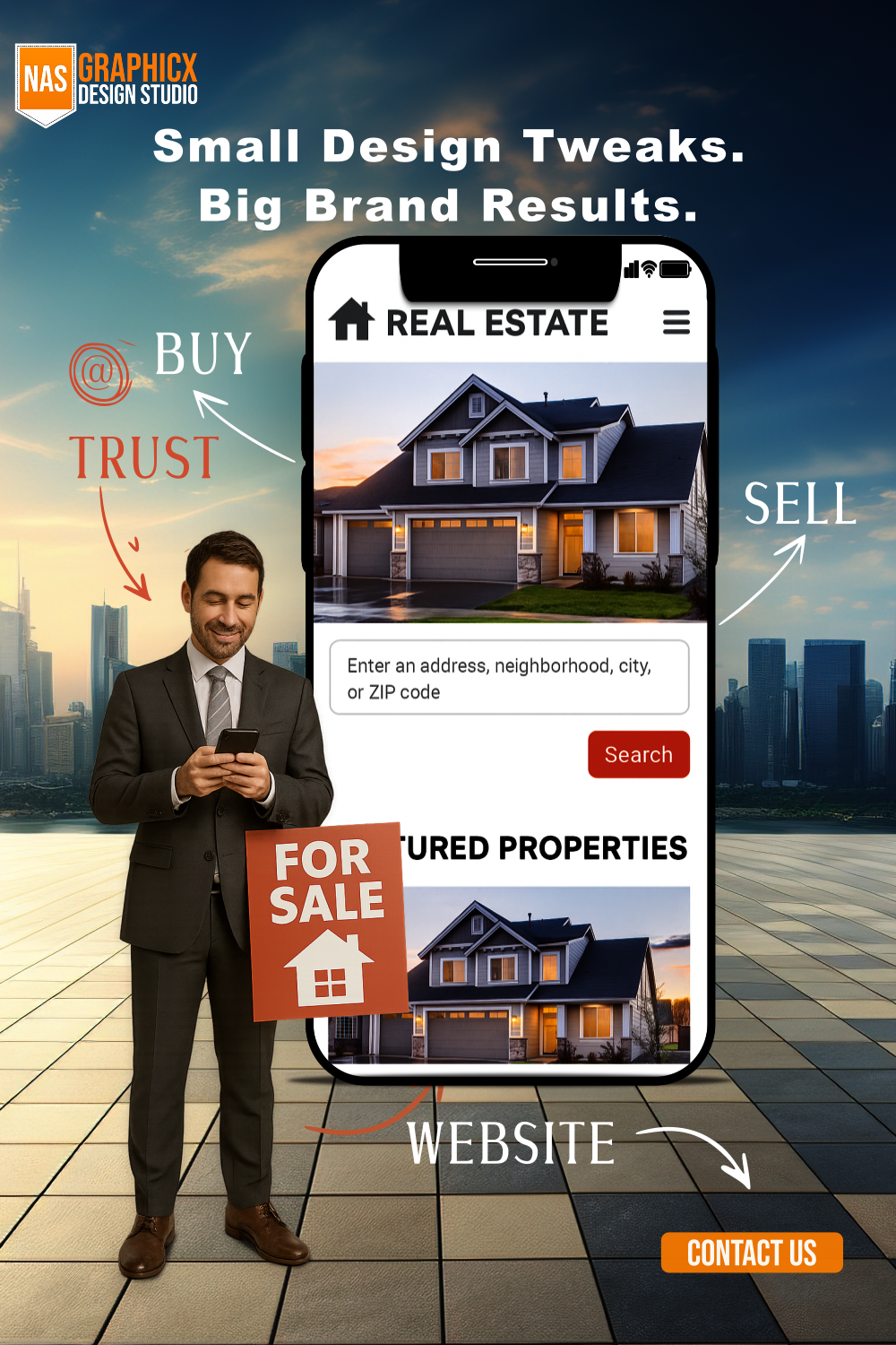 Real estate agent viewing a mobile-friendly property website branded by NAS GraphicX Studio.