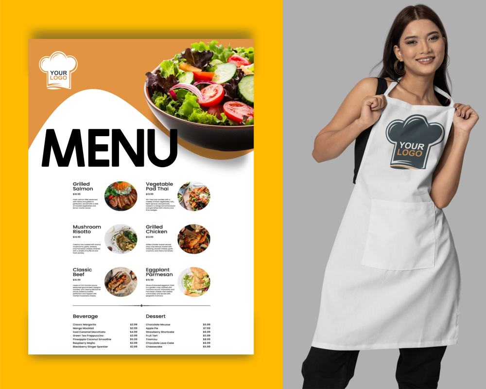 Restaurant menu design with branded apron and food photography.