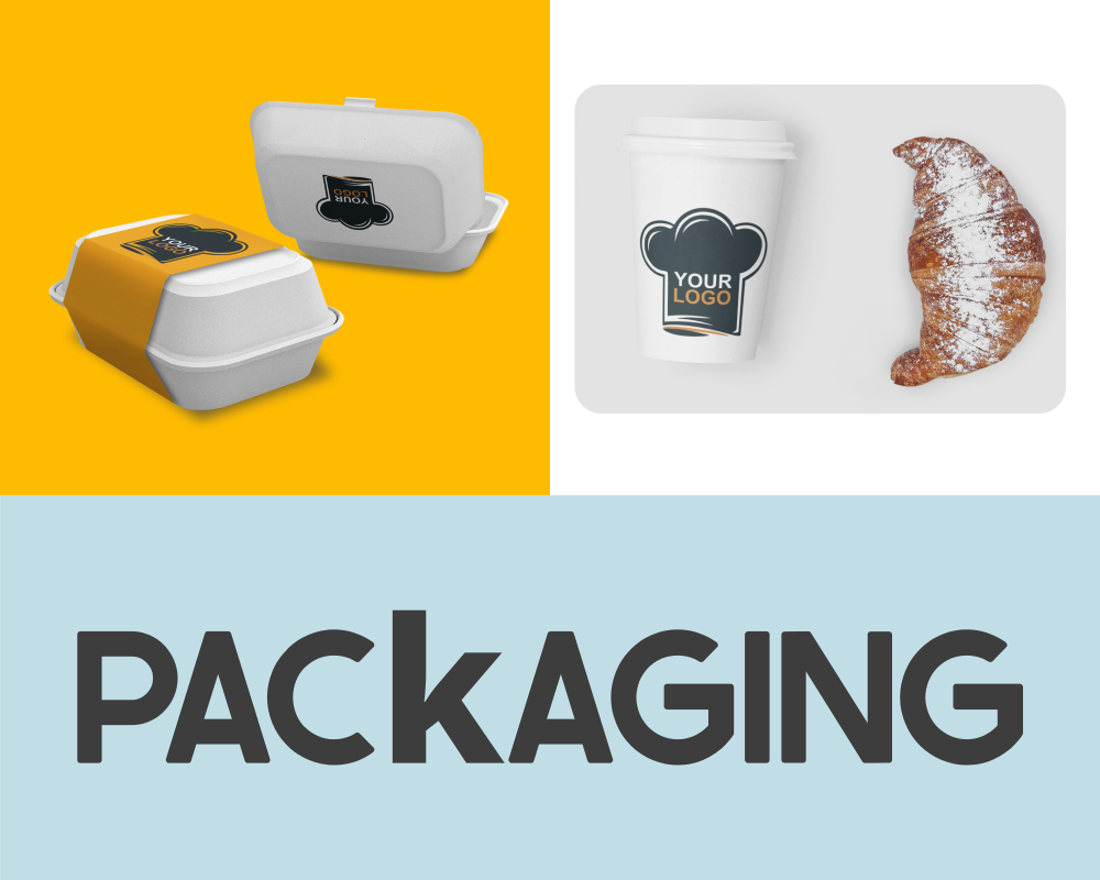 Restaurant packaging design including takeout box and coffee cup branding.