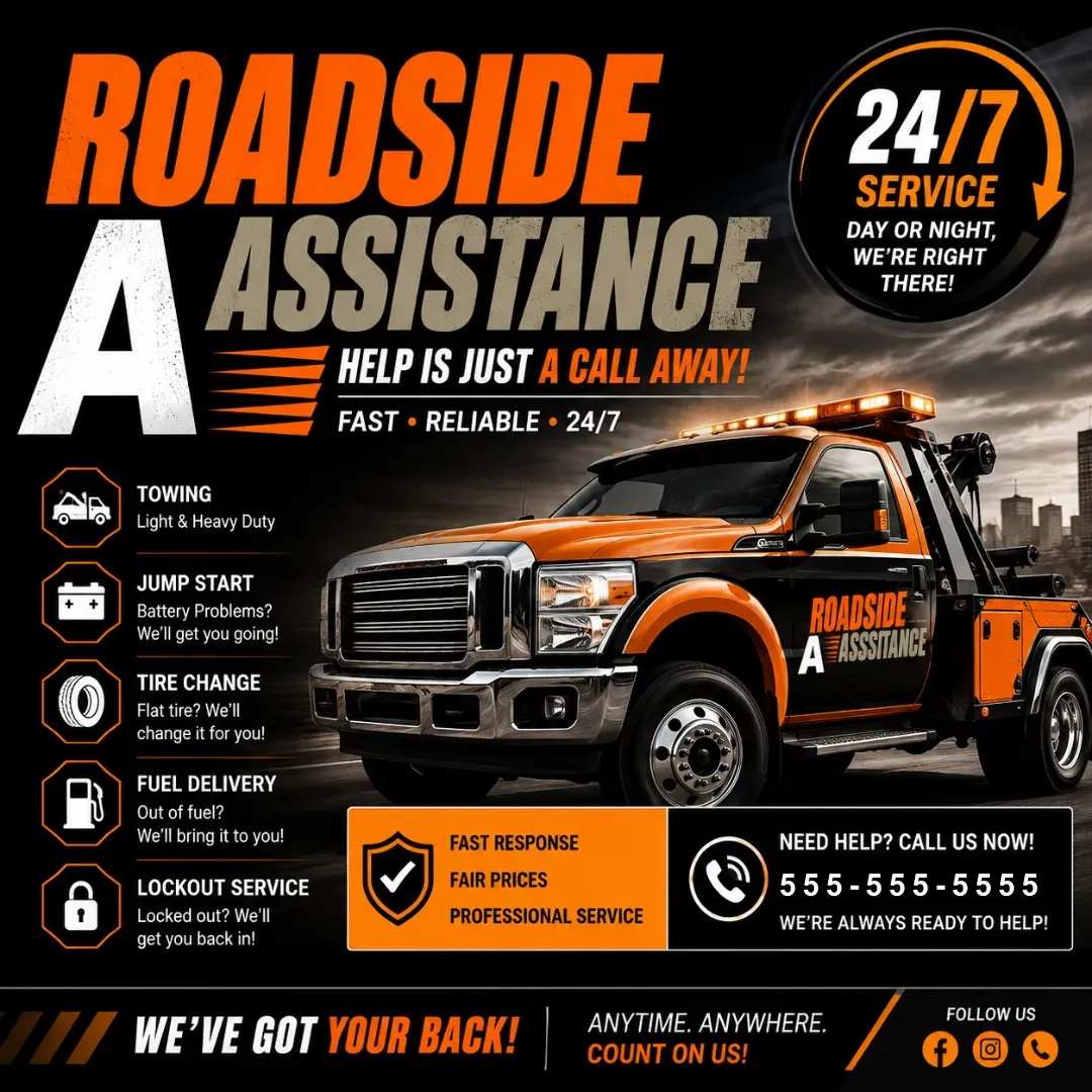 Roadside assistance social media advertisement designed by NAS GraphicX Studio featuring promotional branding