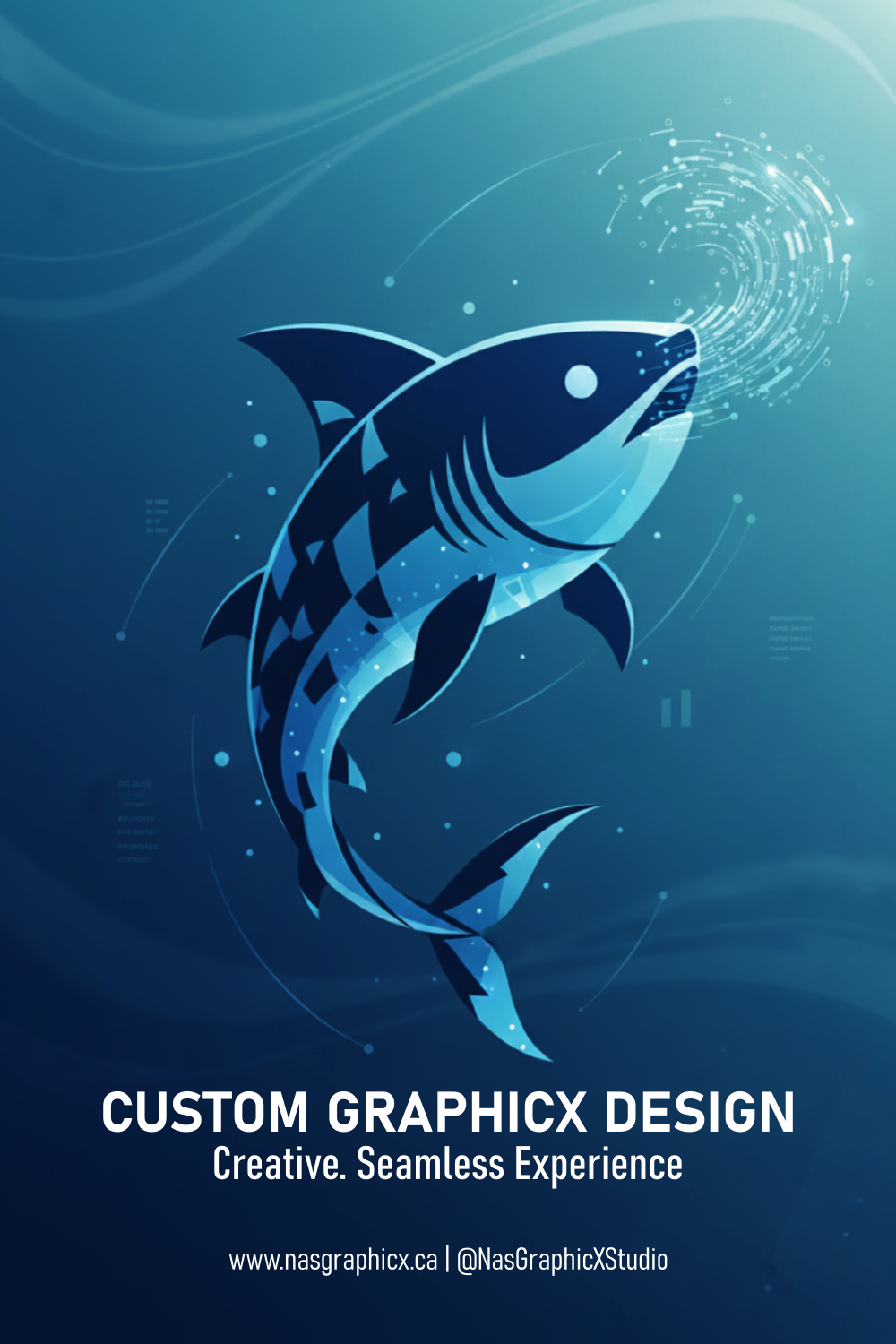 Shark mascot illustration in blue tech style.