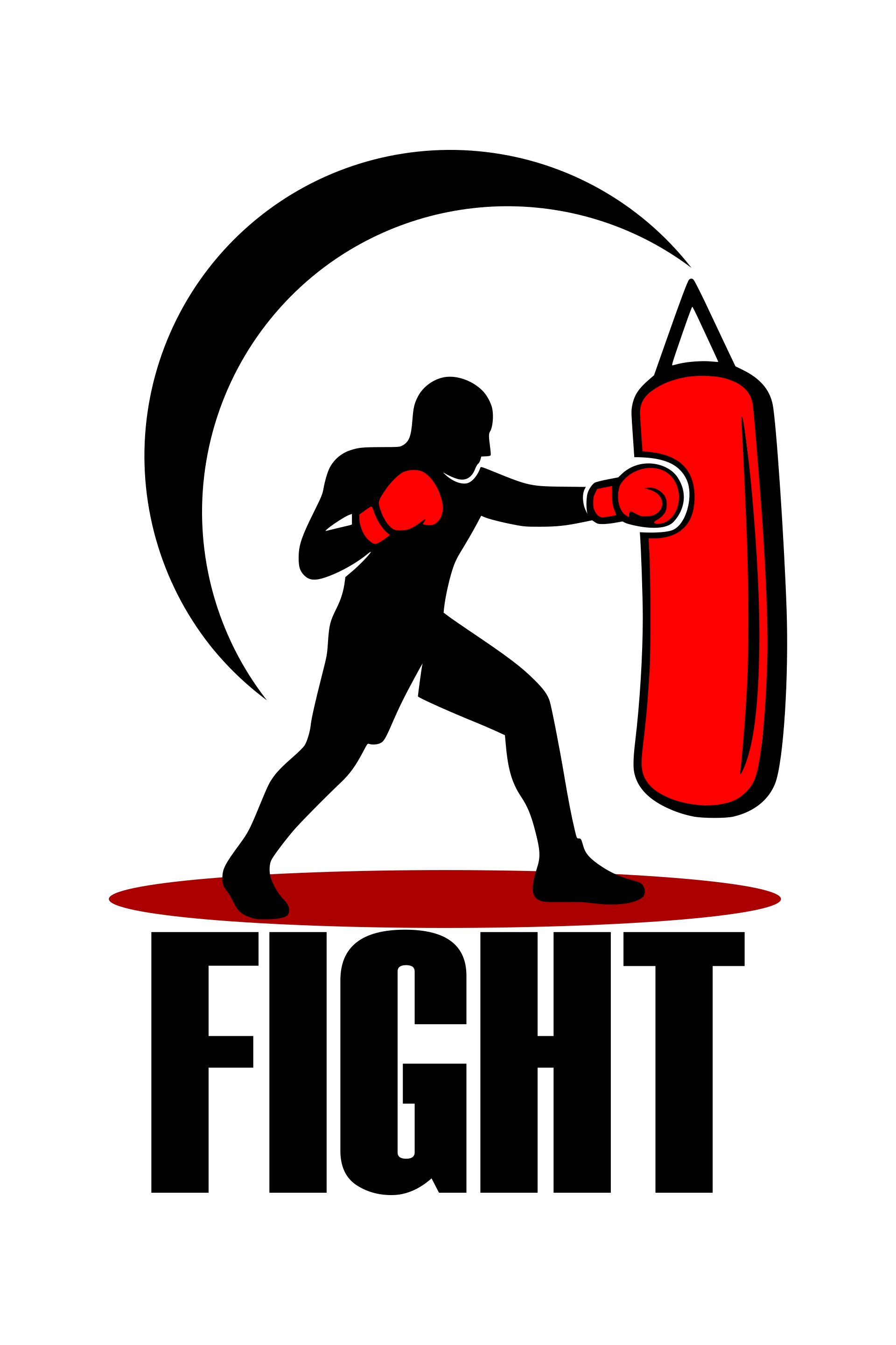 Silhouette of a kickboxer delivering a high kick to a punching bag inside a circular frame