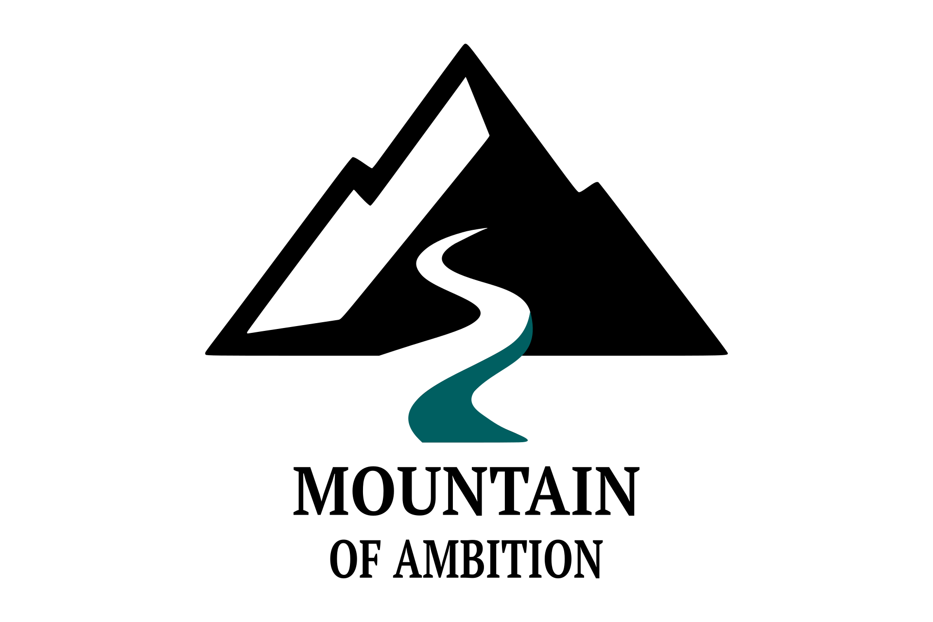 Black mountain silhouette with teal river and text ‘Mountain of Ambition'