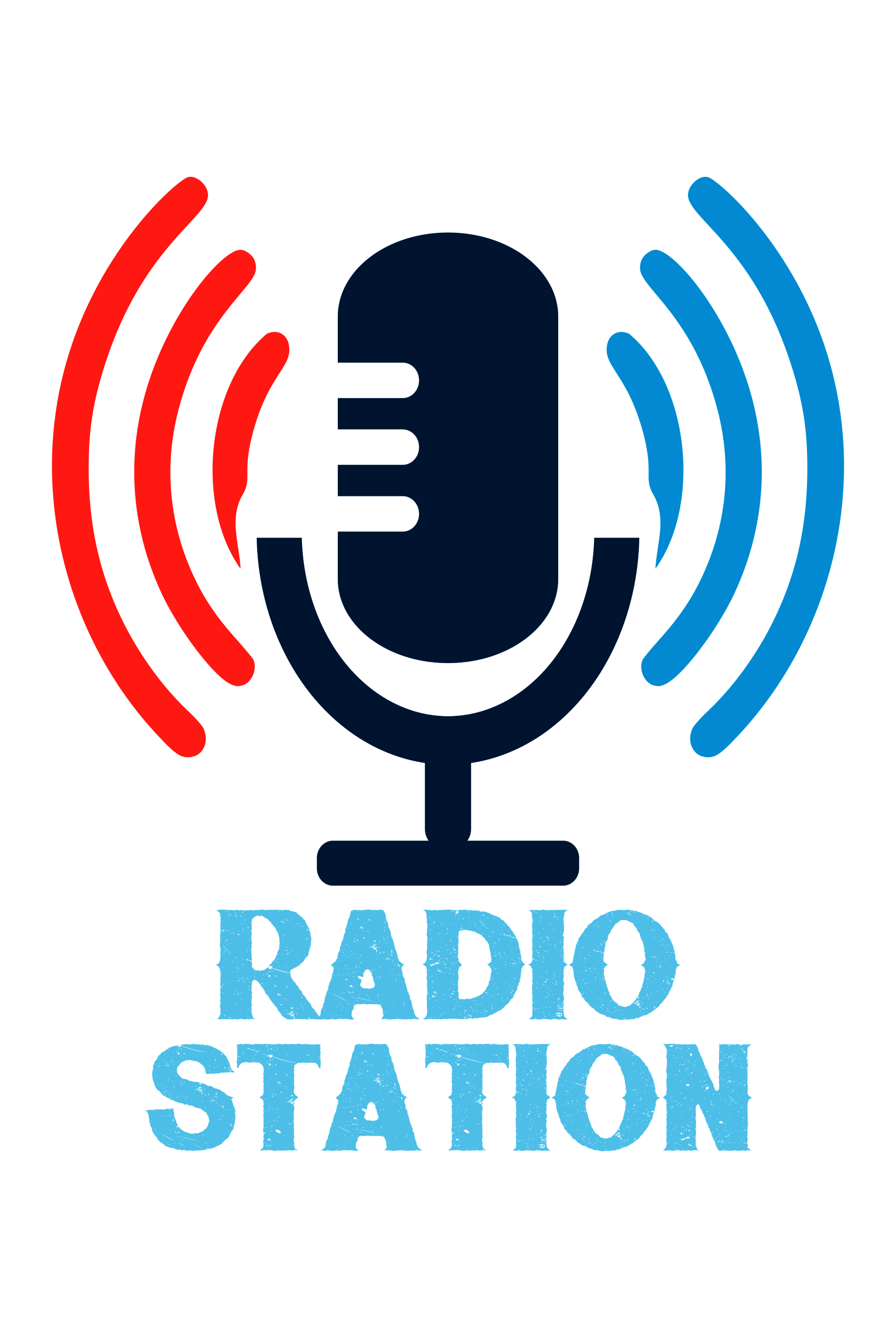 Microphone with red and blue signal waves and text ‘Radio Station