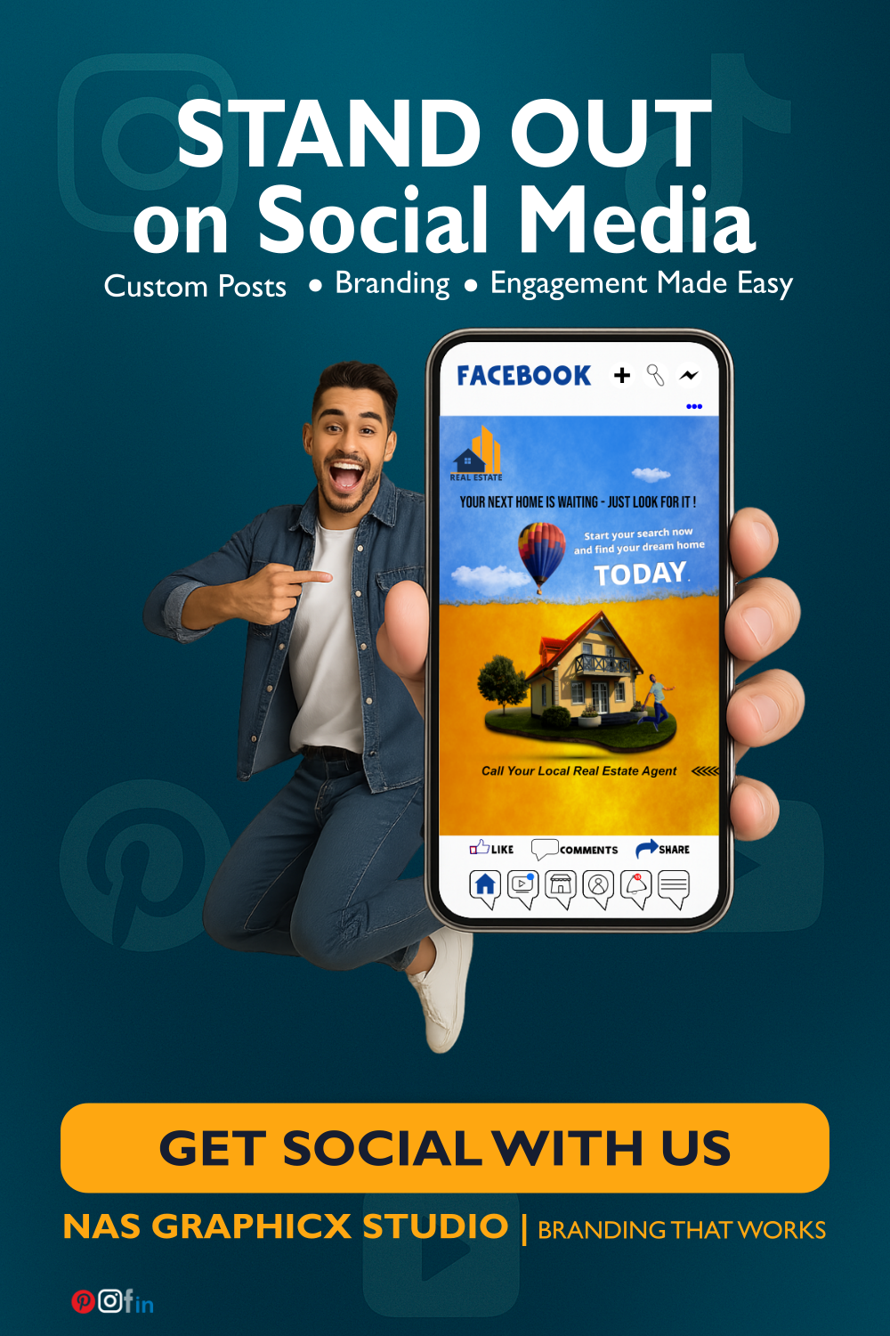 NAS GraphicX hero mockup with man holding smartphone showing real estate Facebook ad design