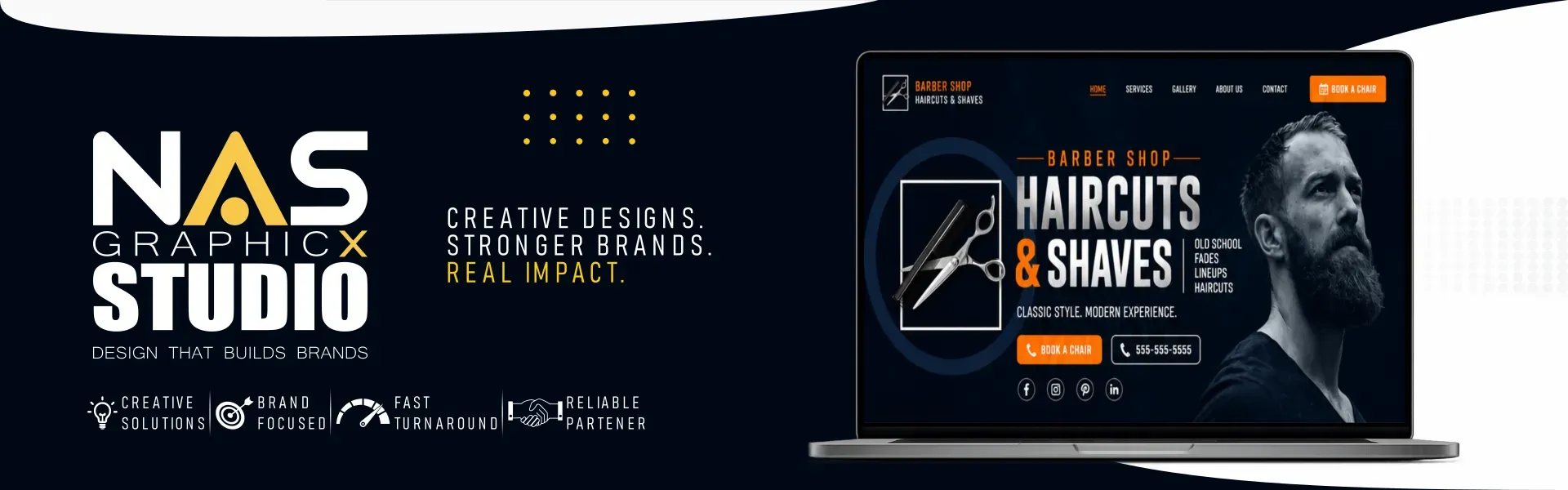 Website design promotional banner featuring custom barber shop website mockup and branding services.