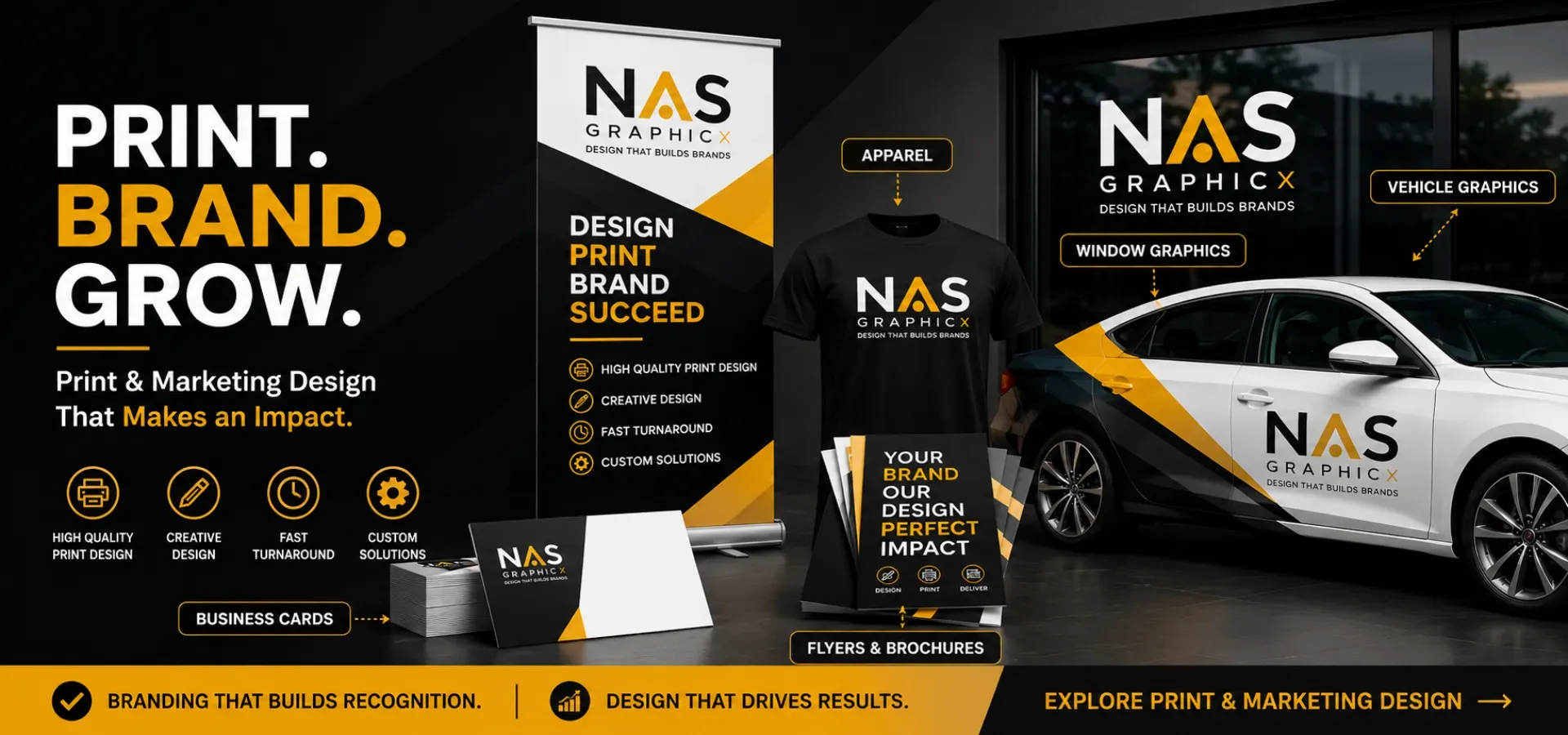 NAS print and marketing design including business cards, banners, flyers, apparel and vehicle graphics.