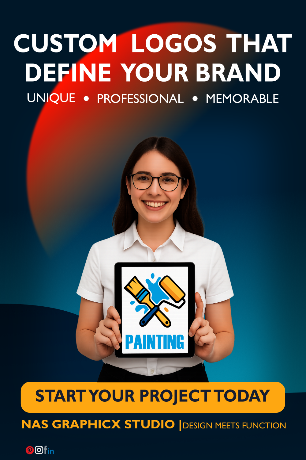 NAS GraphicX hero mockup with woman holding sketchbook showing custom logo design