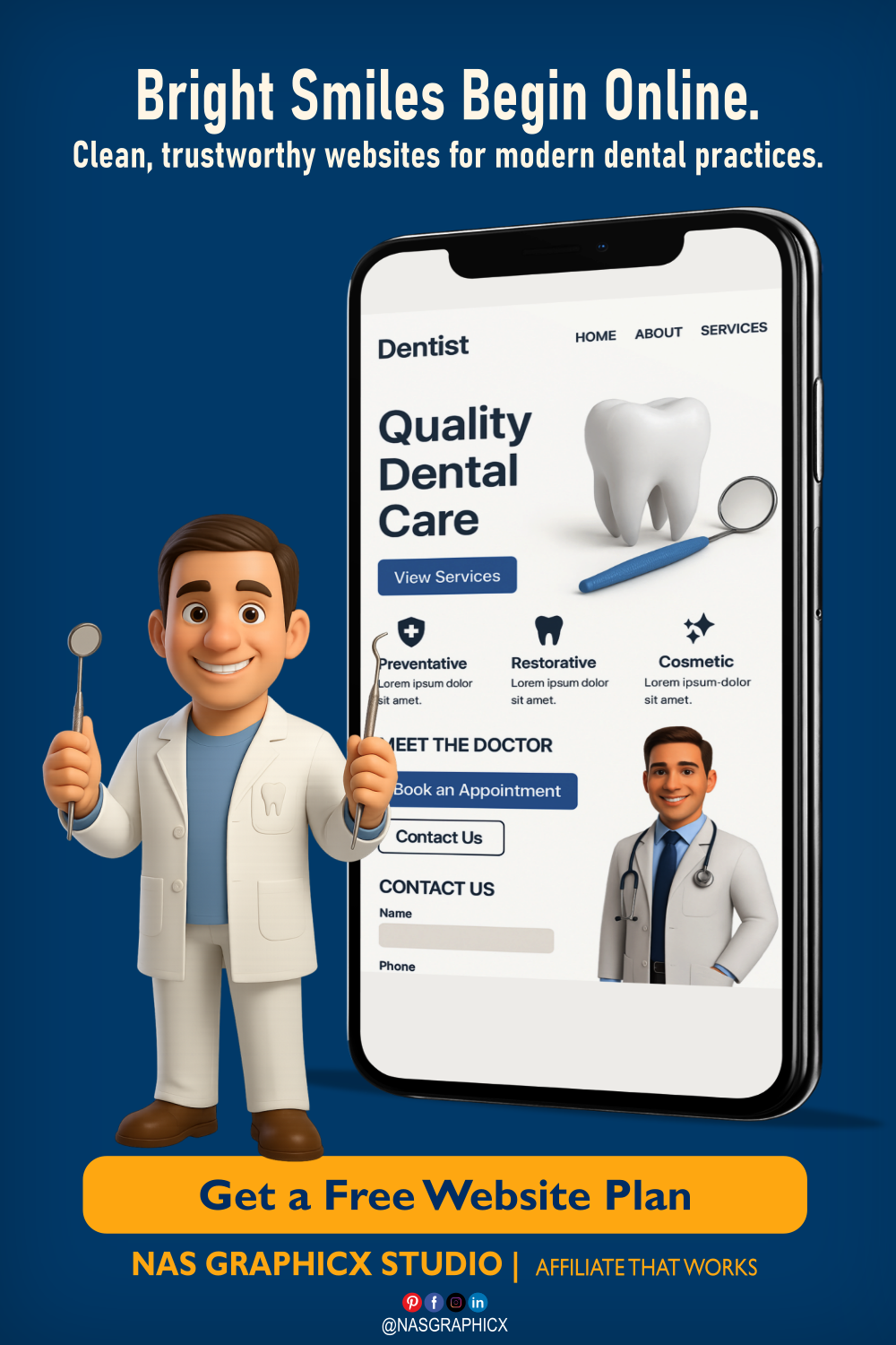 Dentist model holding mirror beside phone with dental website.