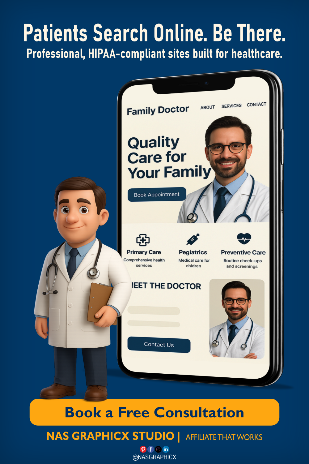 3D doctor holding clipboard beside phone showing medical website.