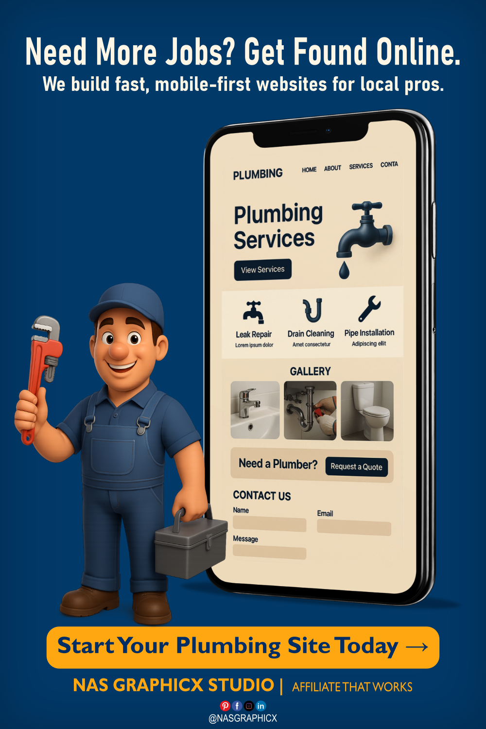 3D plumber holding wrench beside phone showing plumbing website.