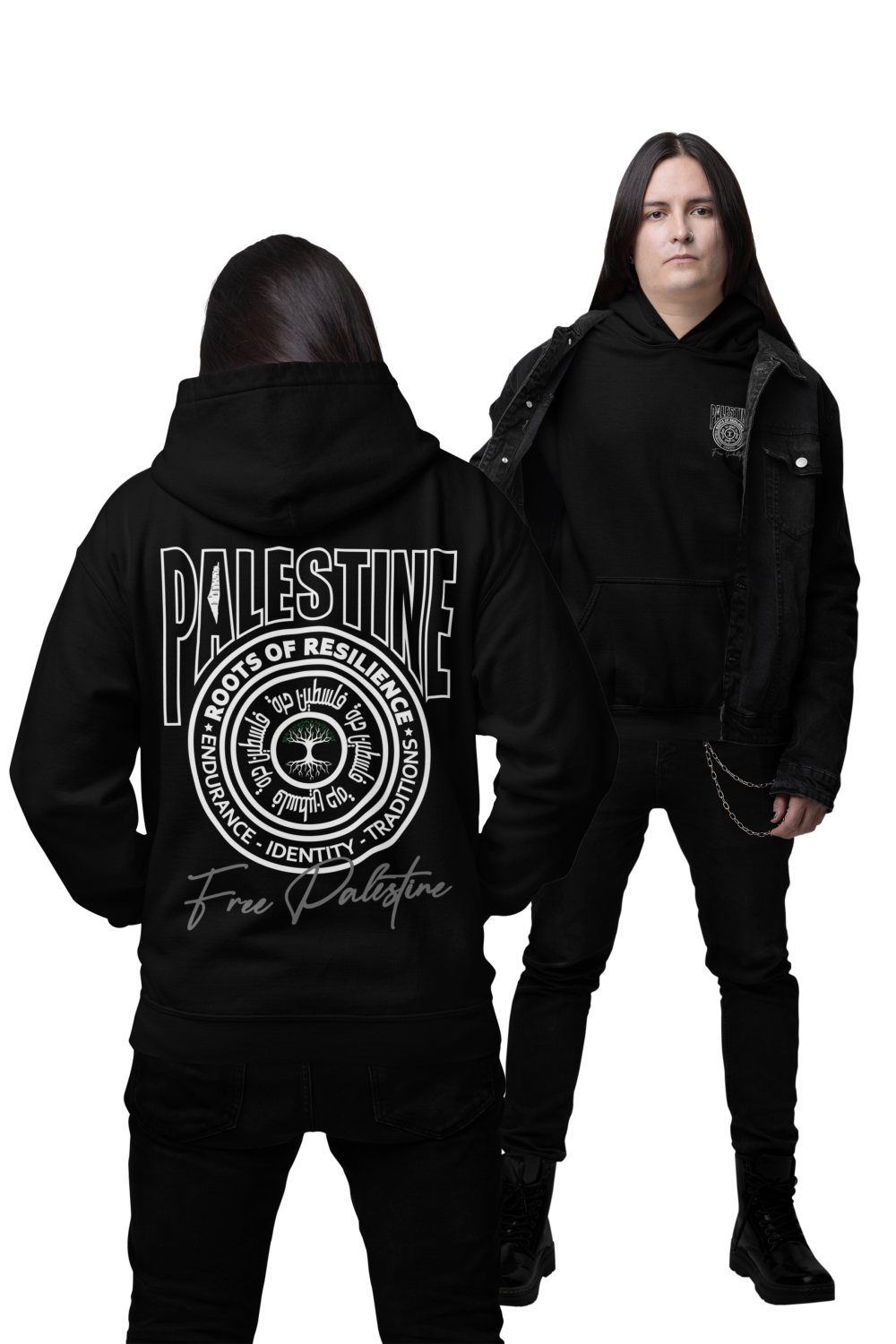 Models wearing black “Palestine Roots of Resilience” hoodie with bold back print and small front chest logo.