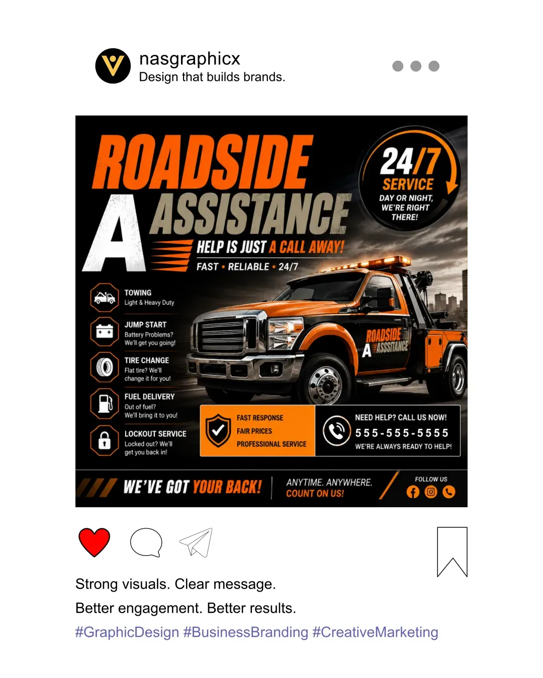 NAS GraphicX Studio social media advertisement for a roadside assistance company