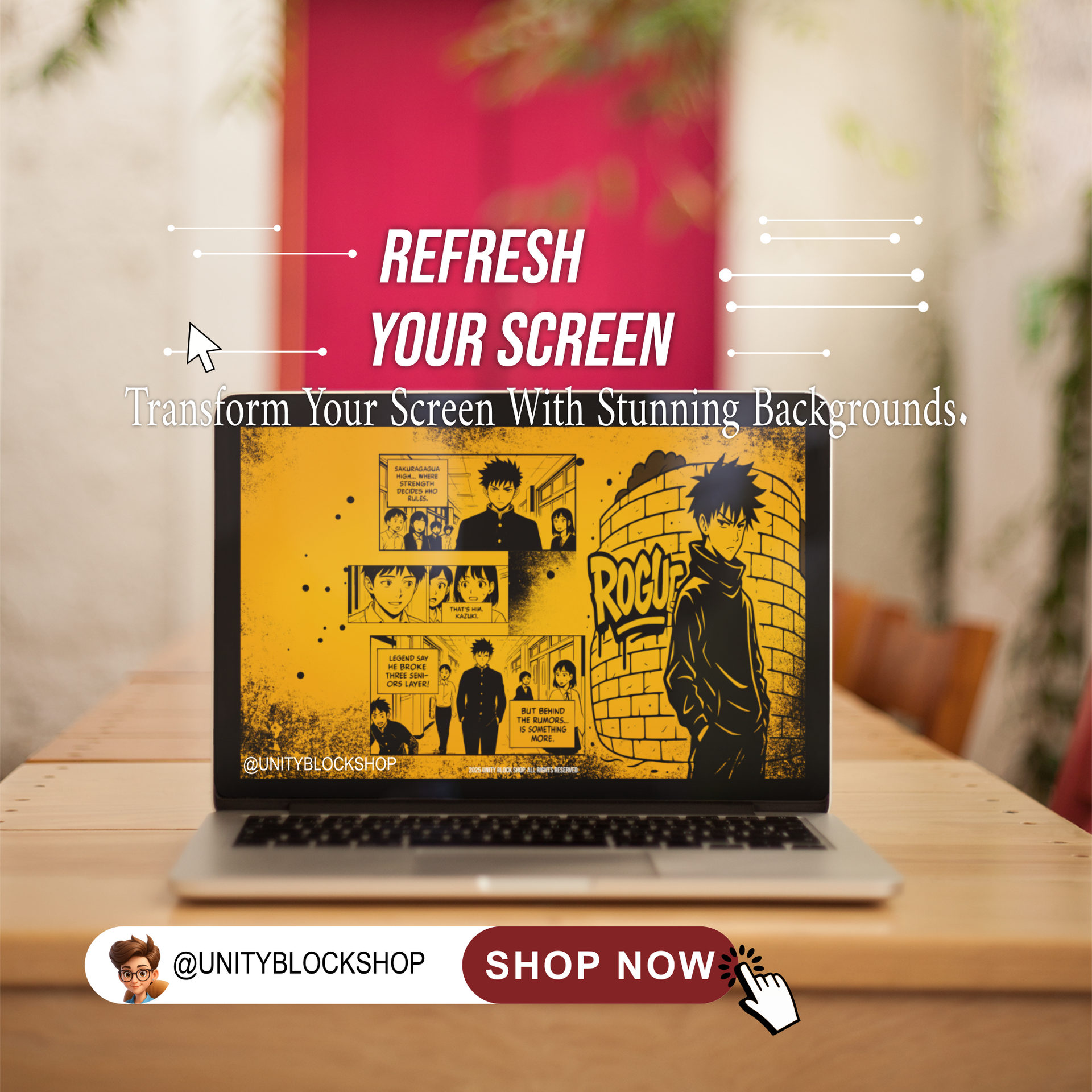 Laptop displaying a Rogue anime-style desktop wallpaper with a Shop Now button.