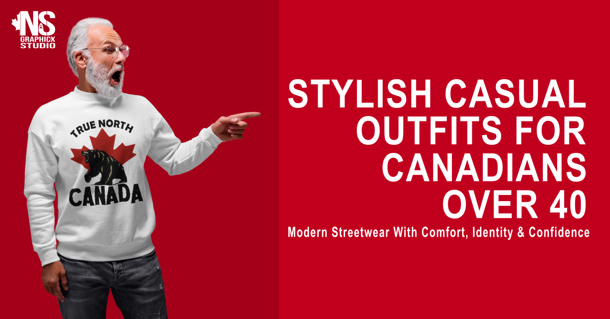 Red banner promoting stylish casual outfits for Canadians over 40.