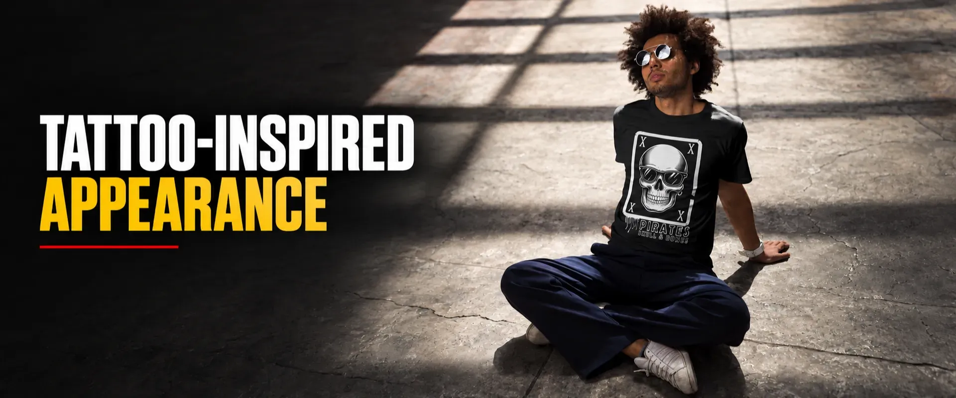 Model wearing a tattoo-inspired skull graphic T-shirt designed by NAS GraphicX Studio.