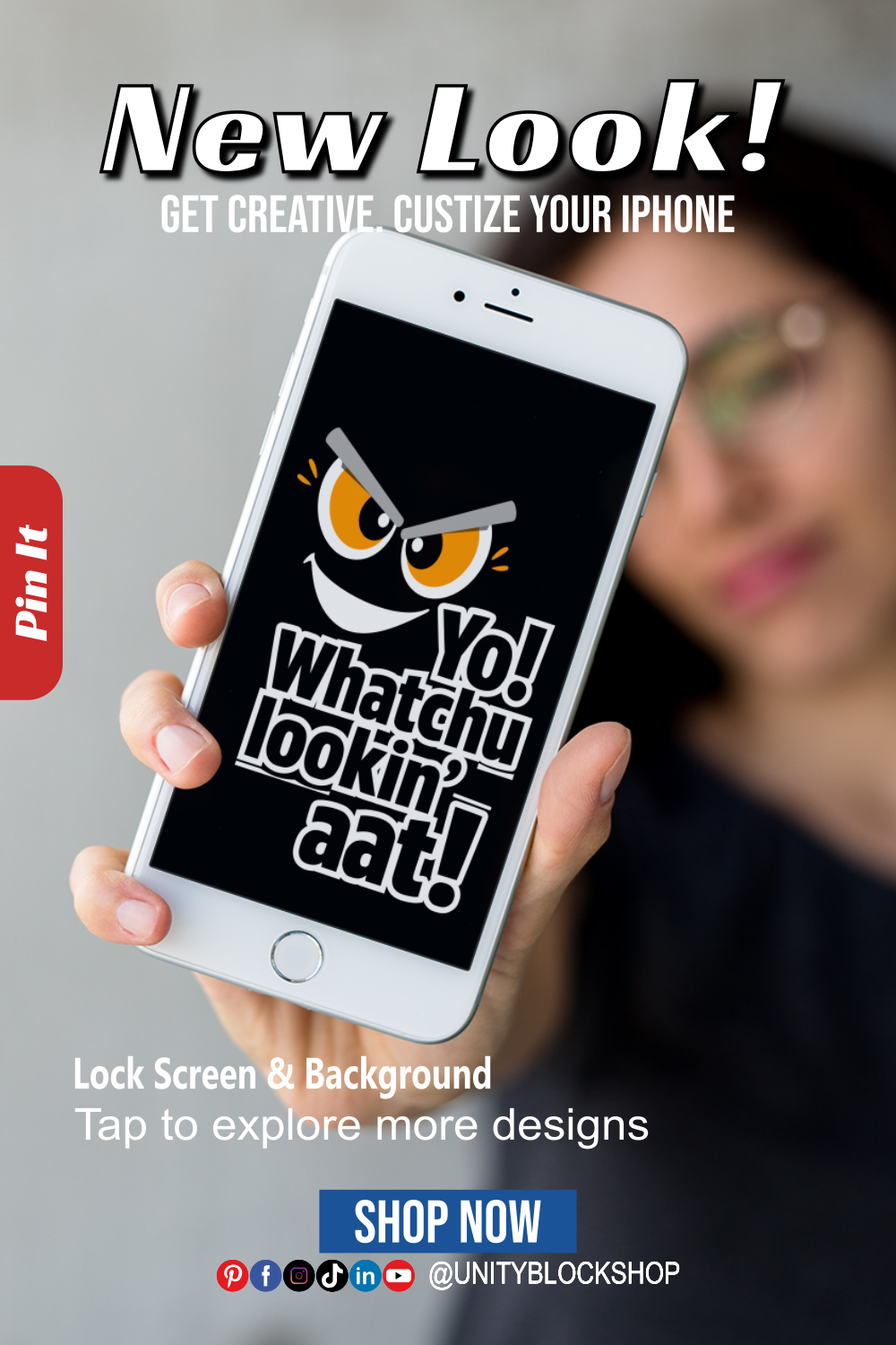 iPhone held in a hand showing a funny cartoon eyes lock screen wallpaper design.