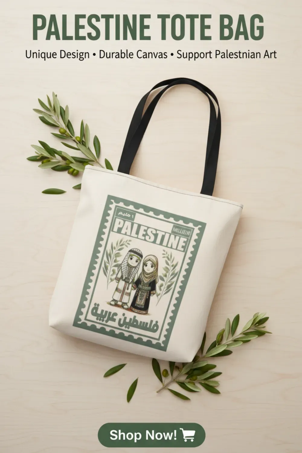 Palestine heritage tote bag with cultural illustration.
