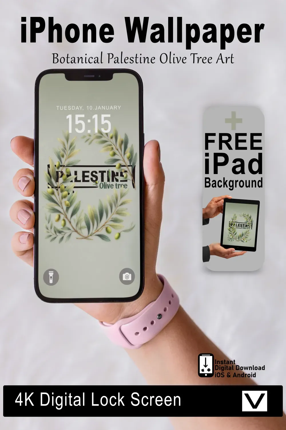 Palestine olive tree iPhone wallpaper shown on phone screen.