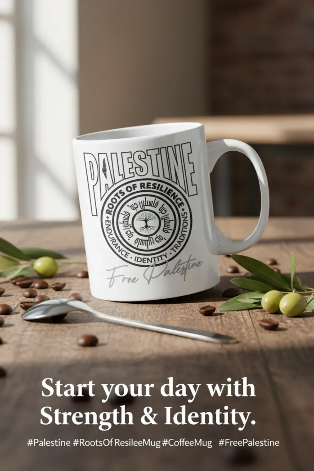 Palestine Roots ceramic coffee mug on wooden table.