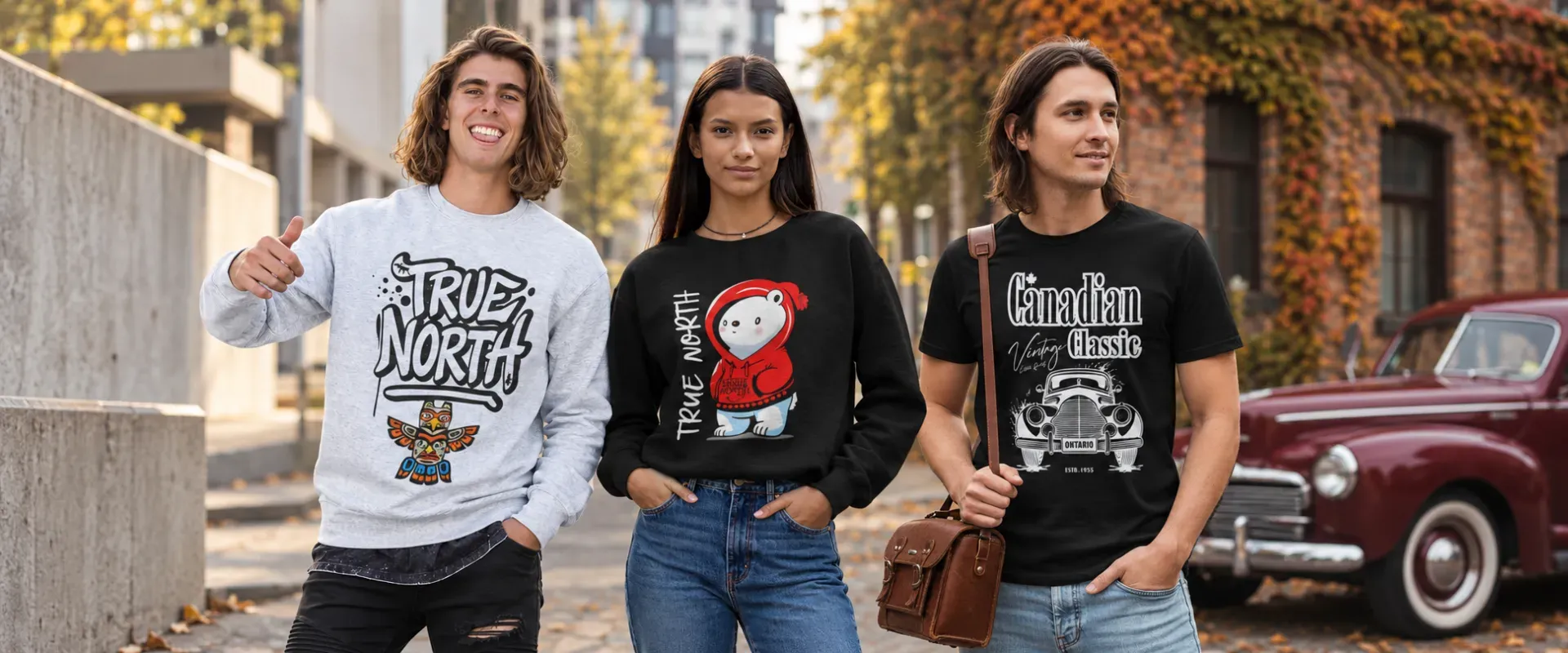 Three models wearing True North totem, bear and vintage-car graphics designed by NAS GraphicX Studio.