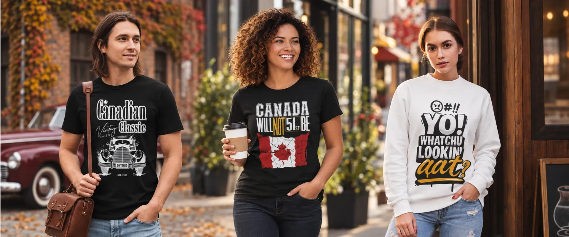 Three models wearing Canadian streetwear graphics designed by NAS GraphicX Studio.