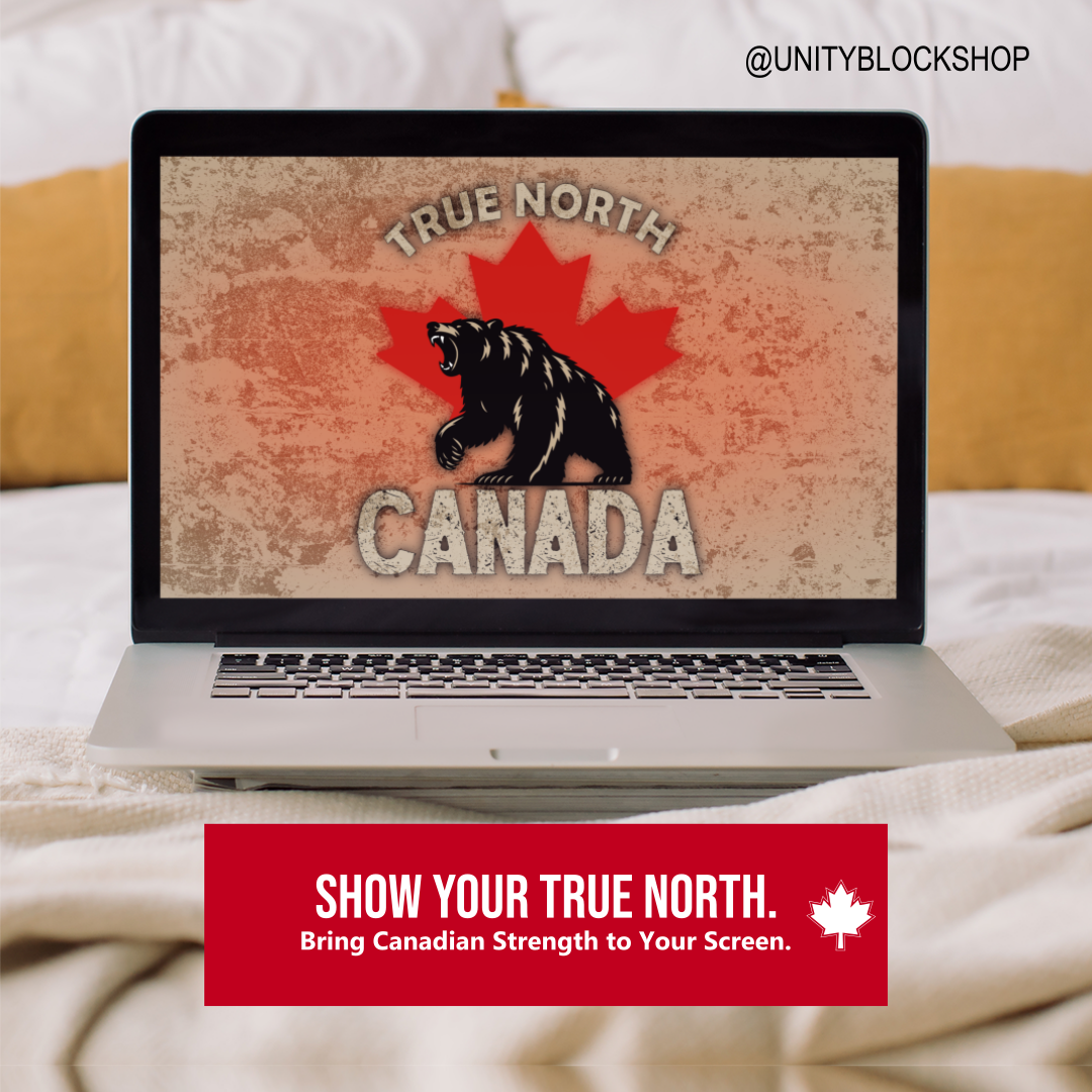 A laptop on a beige bed showing Unity Block’s True North Canada bear wallpaper with a red maple leaf design.