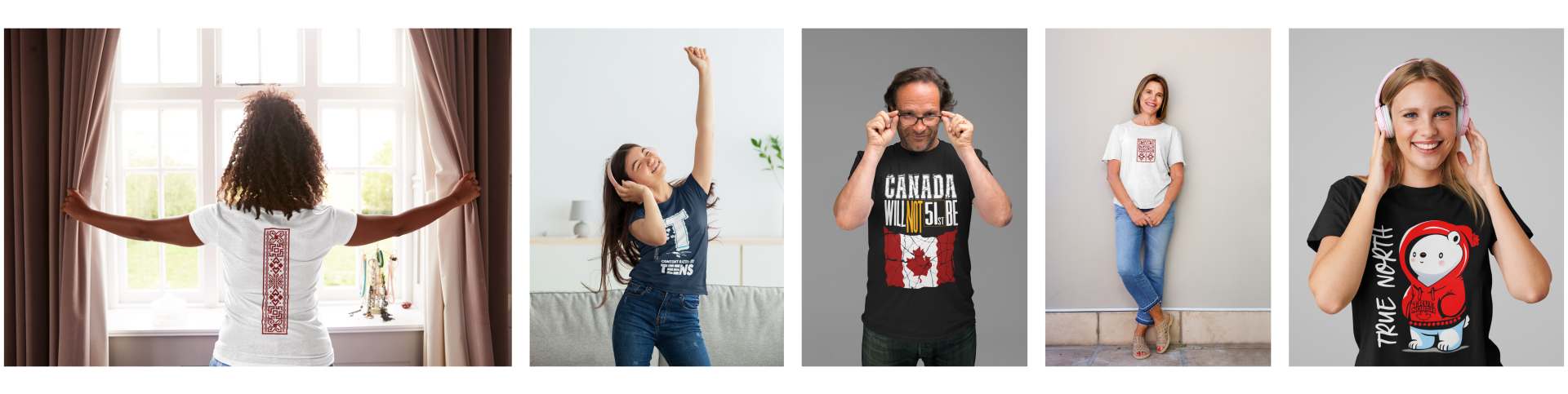 Lifestyle collage featuring Unity Block Shop t-shirts designed by NAS GraphicX Studio, including Tatreez, Canada Will Not Be 51st, Content Rated by Teens, and True North bear hoodie-inspired design.