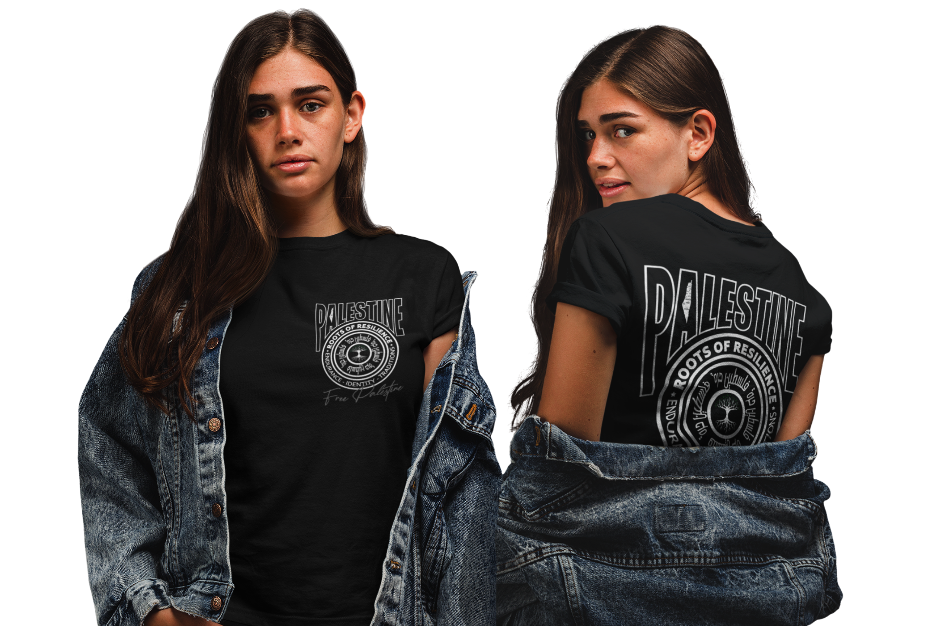 Unity Block Palestine Roots of Resilience T-Shirt in black, designed by NAS GraphicX Studio. Front and back print featuring calligraphy, olive tree, and “Free Palestine.