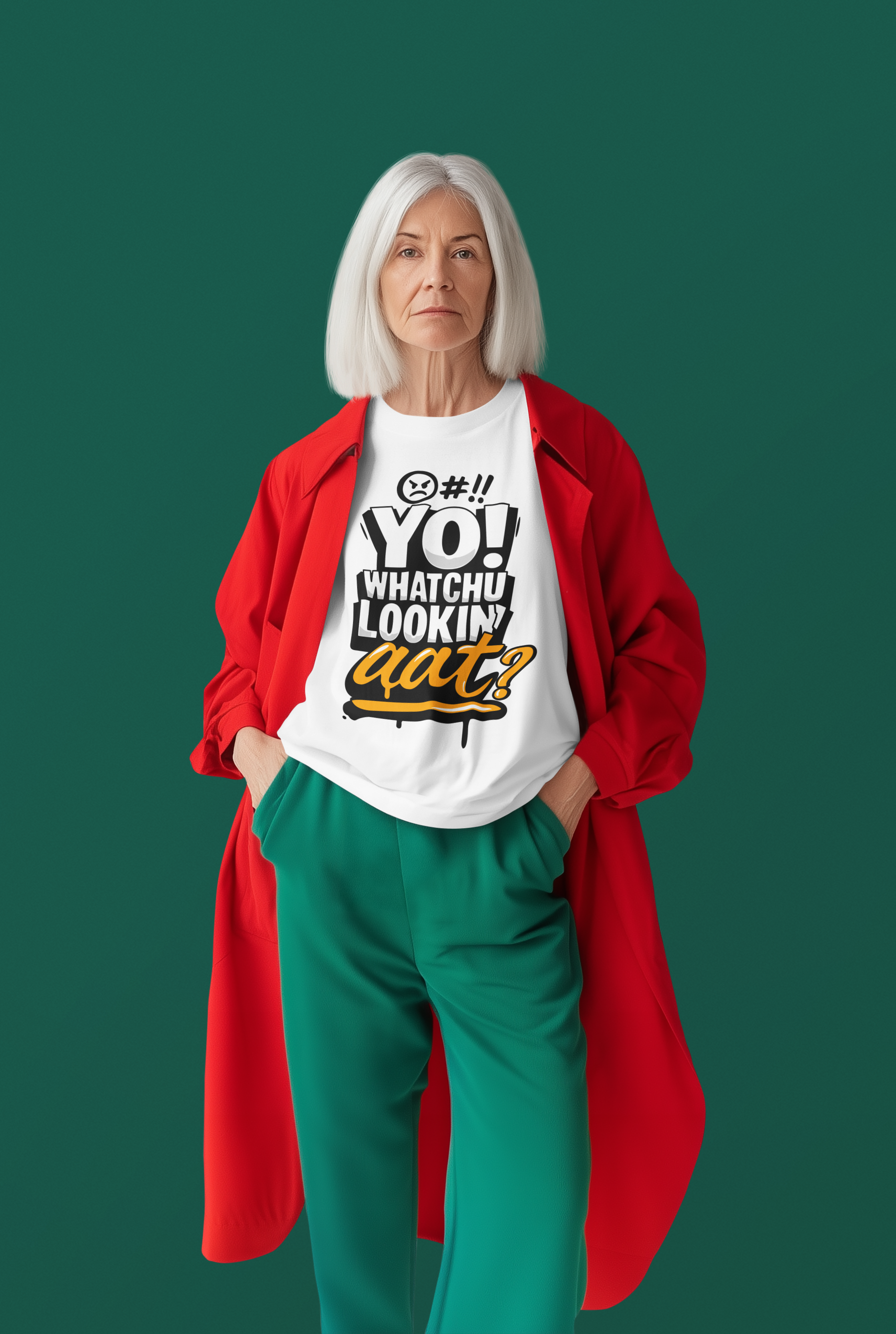 A woman wearing a white sweatshirt with the bold text ‘YO! Whatchu Lookin’ Aat?’ styled with a red coat and green pants, standing against a solid green backdrop.