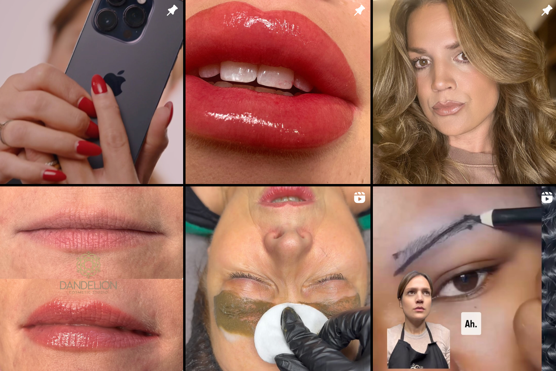 Collage von verschiedenen Beauty-Behandlungen, darunter Lippen und Augenbrauen.