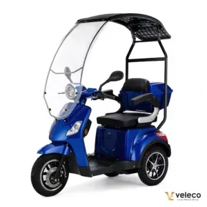 Scooter de mobilité Draco Veleco avec toit et pare-brise. Vitesse max 25 km/h, frein moteur magnétique, marche arrière