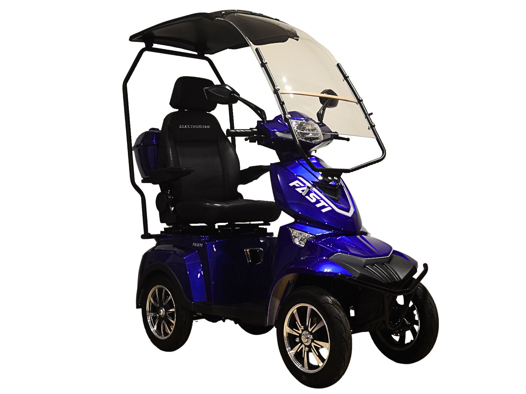Fasti Max Electroride : Scooter à 4 roues avec toit, pare-brise, batterie lithium, siège. Puissance moteur 1000W pour mobilité réduite.