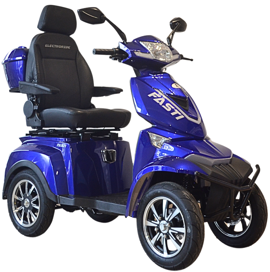 Scooter électrique Fasti Electroozonne de couleur bleu métallique, à quatre roues, avec un siège confortable, un top case arrière et des rétroviseurs, vu de trois quarts avant.