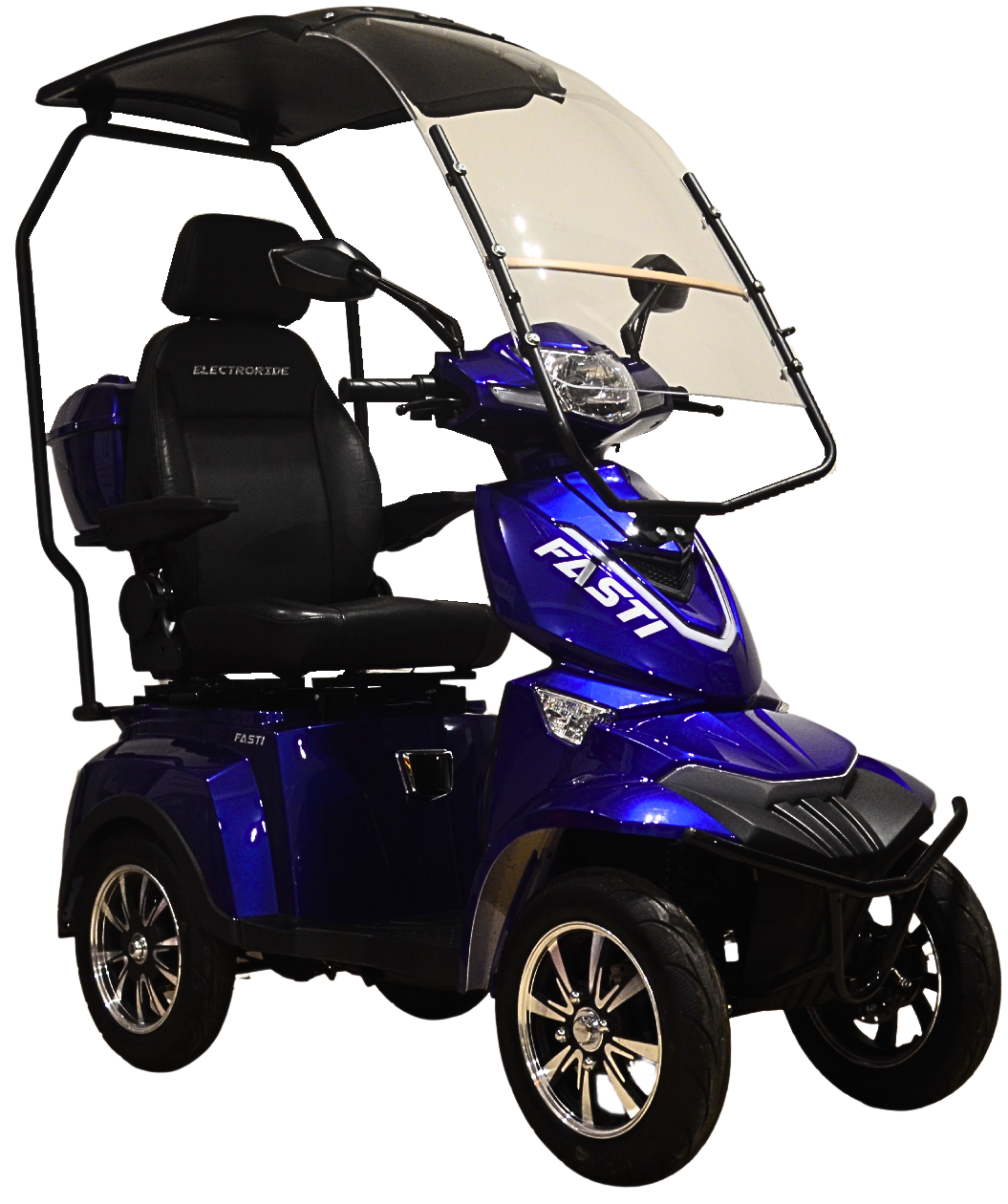 Scooter électrique Fasti Max 4 de couleur bleu électrique, à quatre roues, équipé d'un toit noir et d'un pare-brise transparent, avec un siège confortable et un top case arrière, vu de trois quarts avant.