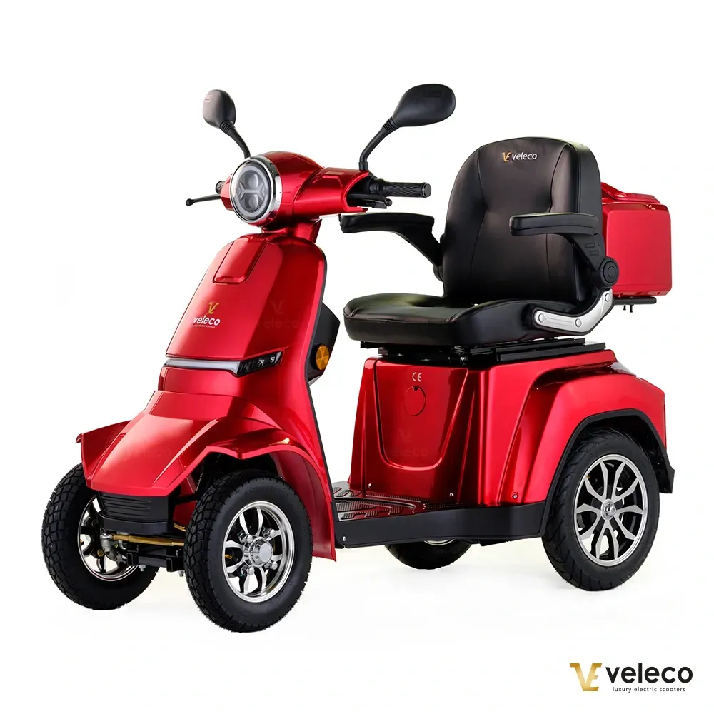 Scooter GRAVIS VELECO rouge stabilité, sécurité, confort. Moteur 1000W, autonomie 60 km, vitesse max 25 km/h. Idéal pour la mobilité réduite